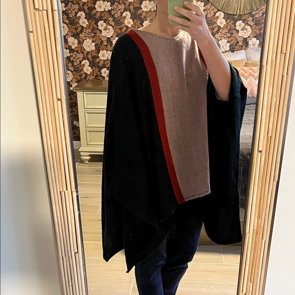 Jason Wu Black Poncho with Taupe Center and Red Stripe